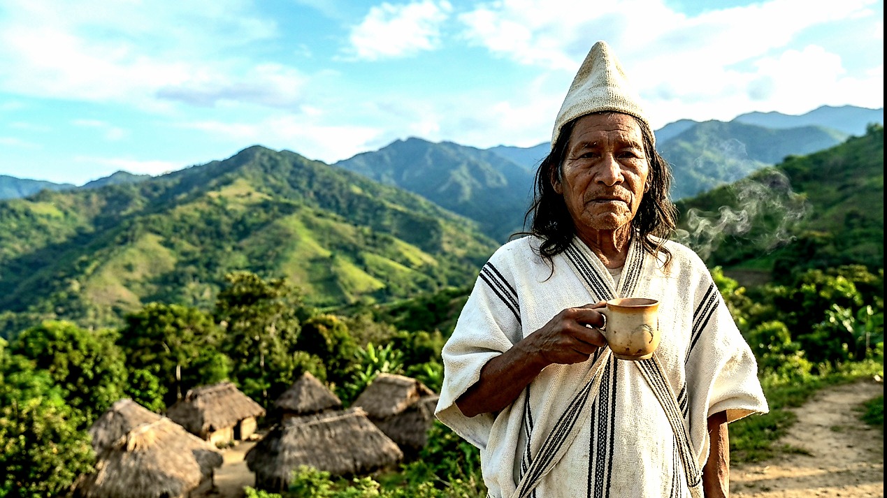 An Arhuaco caretaker holding a cup of coffee with ancestral houses and mountains behind him